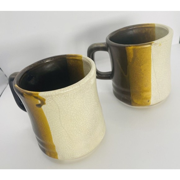 Vintage Stoneware Set of 2 Coffee Mugs Dark Brown yellow Cream Striped Ombre - Picture 2 of 6